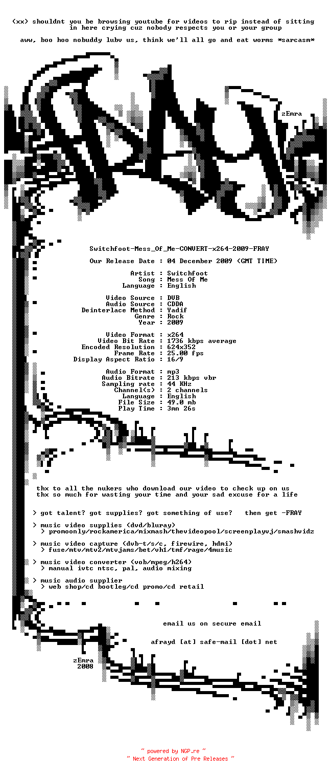 NFO for the release Switchfoot-Mess_Of_Me-CONVERT-x264-2009-FRAY by FRAY