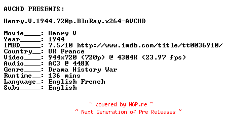 NFO for the release Henry.V.1944.720p.BluRay.x264-AVCHD by AVCHD