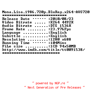 NFO for the release Mona.Lisa.1986.720p.BluRay.x264-AVS720 by AVS720
