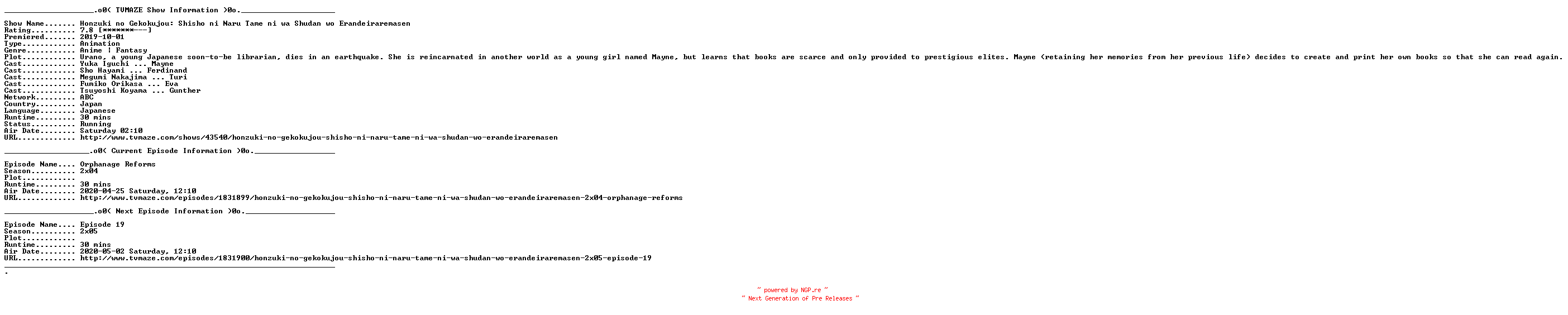 NFO for the release Ascendance.Of.A.Bookworm.E18.WEB.x264-URANiME by URANiME