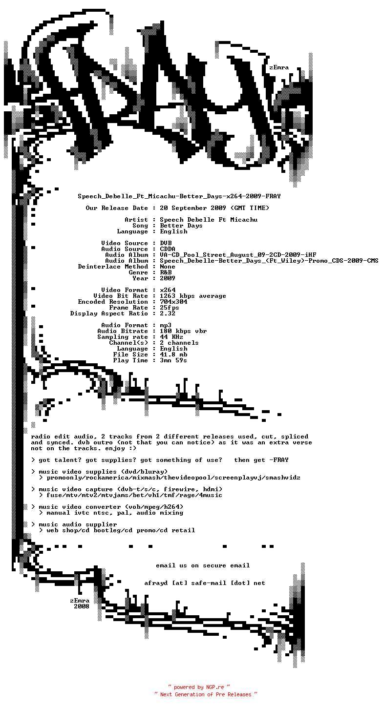 NFO for the release Speech_Debelle_Ft_Micachu-Better_Days-x264-2009-FRAY by FRAY