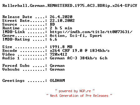 NFO for the release Rollerball.German.REMASTERED.1975.AC3.BDRip.x264-SPiCY by SPiCY