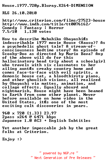 NFO for the release House.1977.720p.Bluray.X264-DIMENSION by DIMENSION