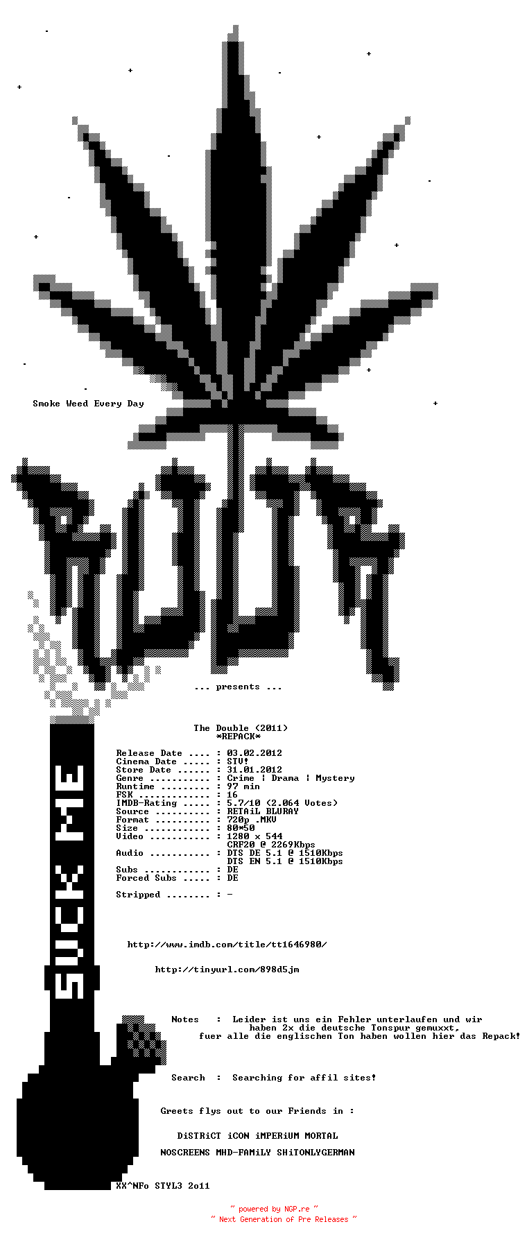 NFO for the release The.Double.2011.German.DL.720p.REPACK.BluRay.x264-ROOR by ROOR
