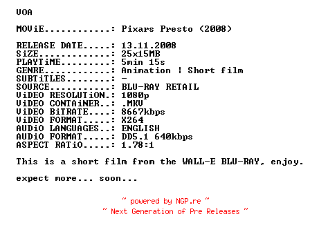 NFO for the release Pixars.Presto.2008.720p.BluRay.x264-VOA by VOA