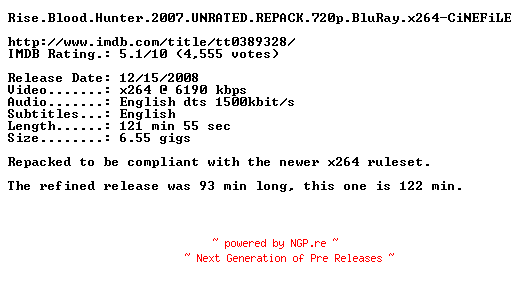 NFO for the release Rise.Blood.Hunter.2007.UNRATED.REPACK.720p.BluRay.x264-CiNEFiLE by CiNEFiLE