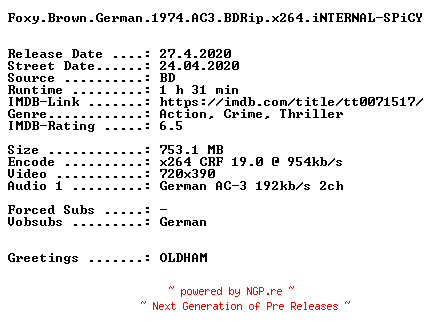 NFO for the release Foxy.Brown.German.1974.AC3.BDRip.x264.iNTERNAL-SPiCY by SPiCY