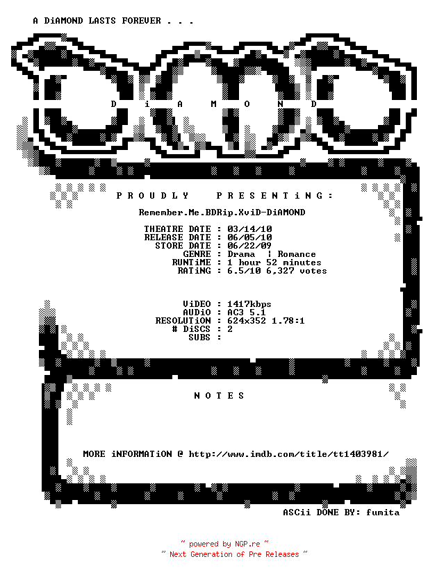 NFO for the release Remember.Me.BDRip.XviD-DiAMOND by DiAMOND