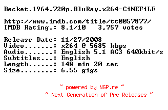 NFO for the release Becket.1964.720p.BluRay.x264-CiNEFiLE by CiNEFiLE
