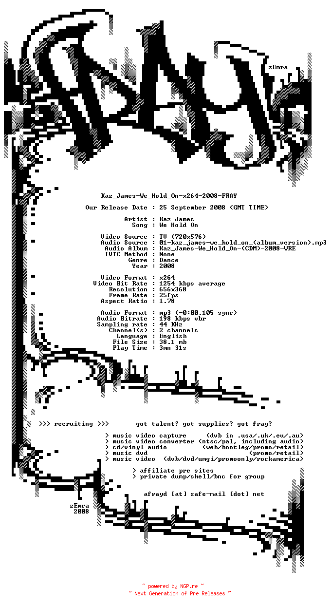 NFO for the release Kaz_James-We_Hold_On-x264-2008-FRAY by FRAY