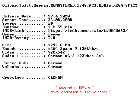 NFO for the release Oliver.Twist.German.REMASTERED.1948.AC3.BDRip.x264-SPiCY by SPiCY