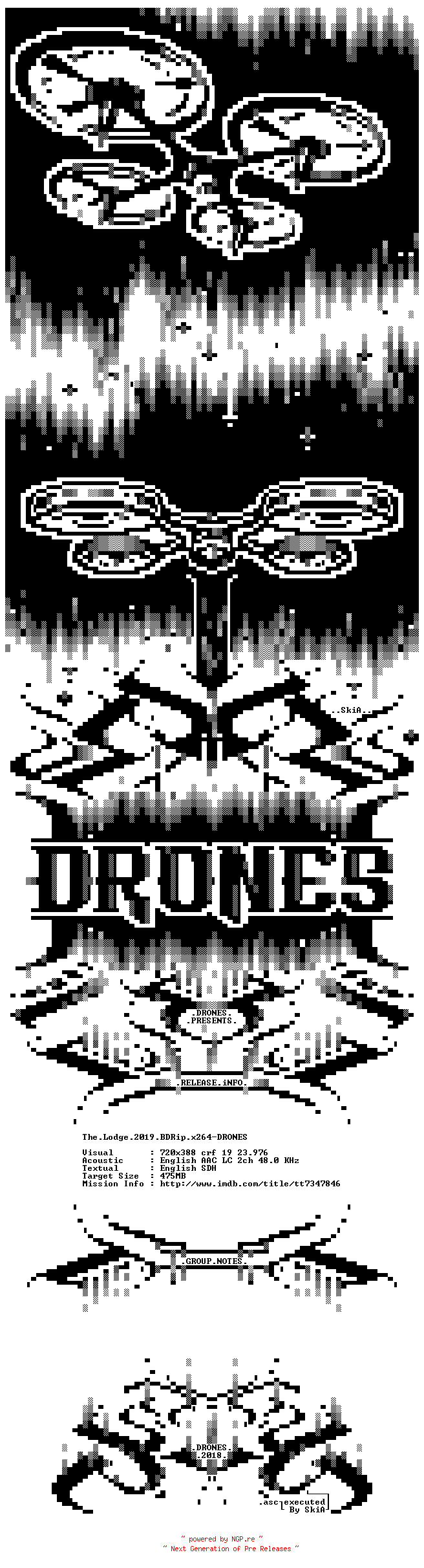 NFO for the release The.Lodge.2019.BDRip.x264-DRONES by DRONES