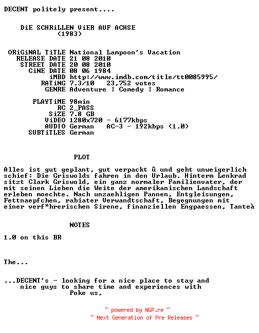 NFO for the release Die.Schrillen.Vier.auf.Achse.1983.German.AC3.720p.BluRay.x264-DECENT by DECENT
