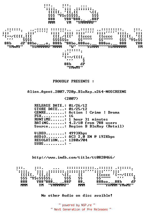 NFO for the release Alien.Agent.2007.720p.BluRay.x264-NOSCREENS by NOSCREENS