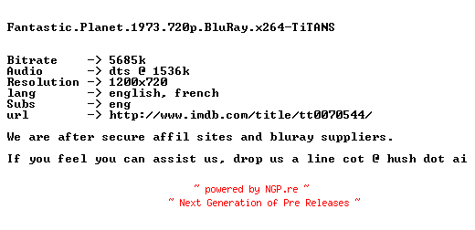NFO for the release Fantastic.Planet.1973.720p.BluRay.x264-TiTANS by TiTANS
