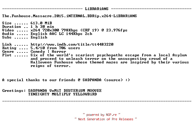 NFO for the release The.Funhouse.Massacre.2015.iNTERNAL.BDRip.x264-LiBRARiANS by LiBRARiANS