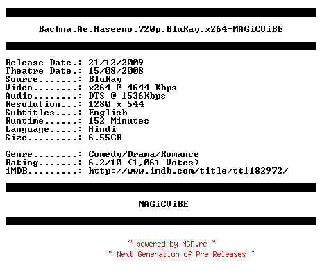 NFO for the release Bachna.Ae.Haseeno.720p.BluRay.x264-MAGiCViBE by MAGiCViBE