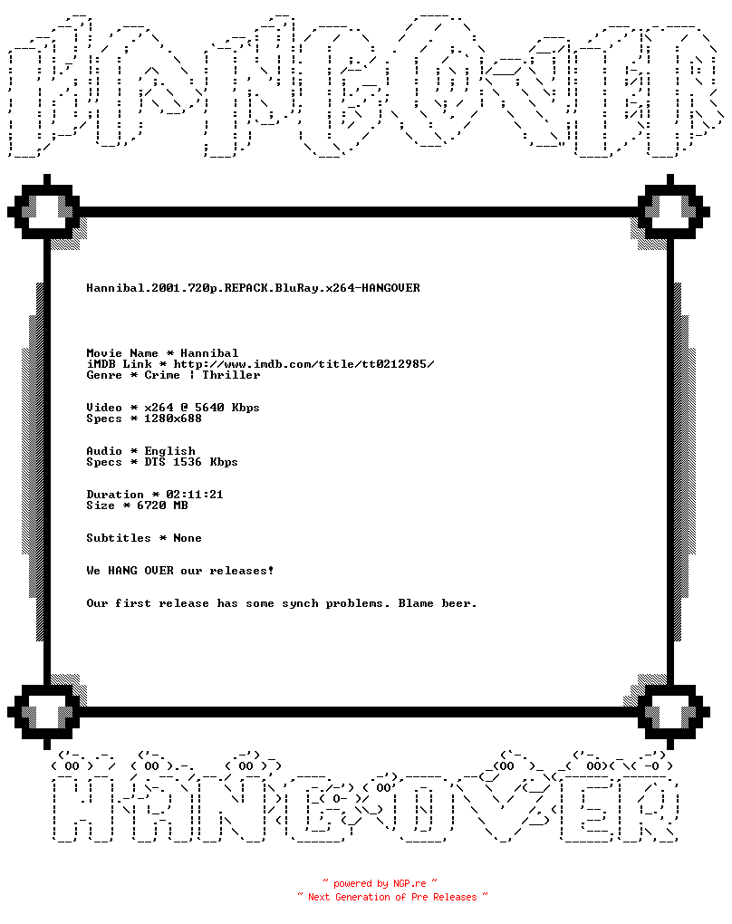 NFO for the release Hannibal.2001.720p.REPACK.BluRay.x264-HANGOVER by HANGOVER