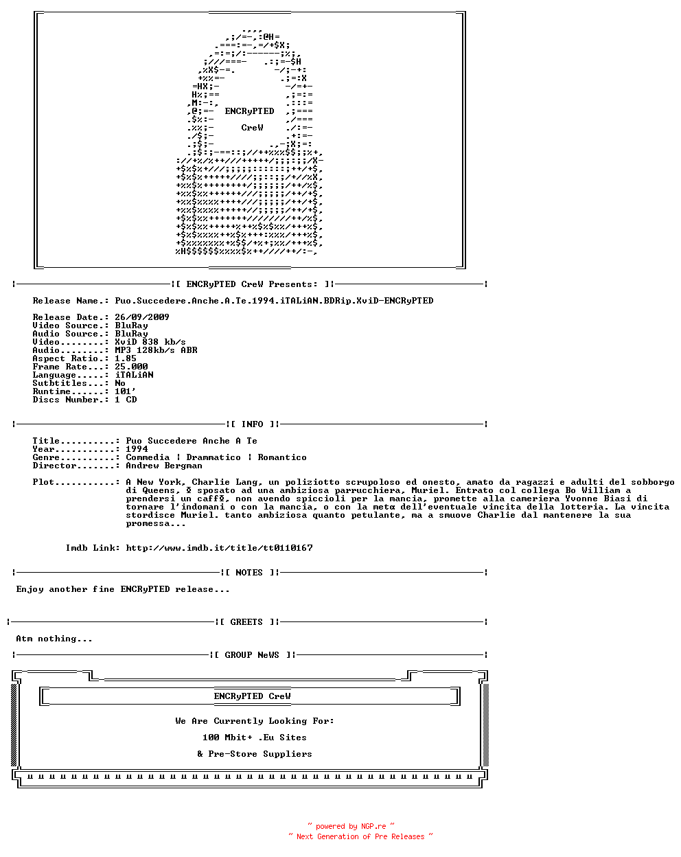 NFO for the release Puo.Succedere.Anche.A.Te.1994.iTALiAN.BDRip.XviD-ENCRyPTED by ENCRyPTED