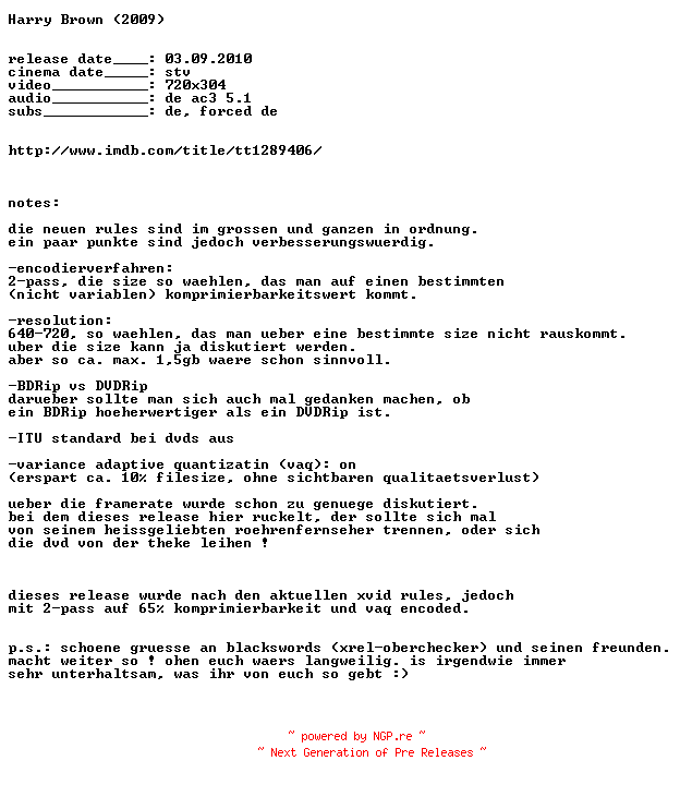 NFO for the release Harry.Brown.German.AC3.READ.NFO.BDRip.XviD-OLDSCHOOL by OLDSCHOOL