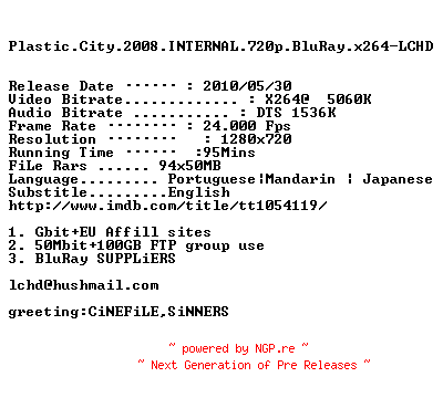 NFO for the release Plastic.City.2008.INTERNAL.720p.BluRay.x264-LCHD by LCHD