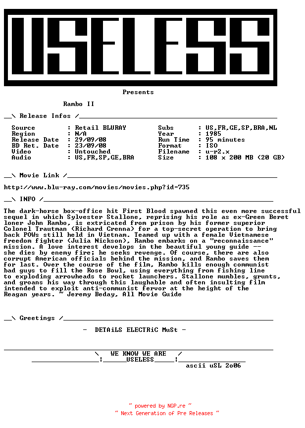 NFO for the release Rambo.First.Blood.II.1985.MULTi.BLURAY-USELESS by USELESS