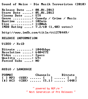 NFO for the release Sound.of.Noise.Die.Musik.Terroristen.German.2010.AC3.BDRip.XviD-OBLiGATED by OBLiGATED