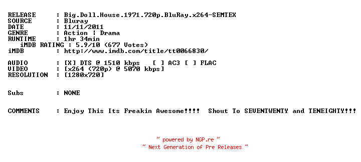NFO for the release Big.Doll.House.1971.720p.BluRay.x264-SEMTEX by SEMTEX