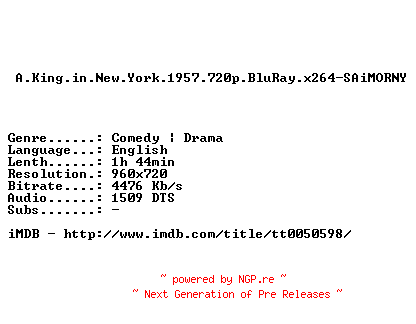 NFO for the release A.King.in.New.York.1957.720p.BluRay.x264-SAiMORNY by SAiMORNY