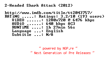 NFO for the release 2.Headed.Shark.Attack.2012.720p.BluRay.x264-MELiTE by MELiTE