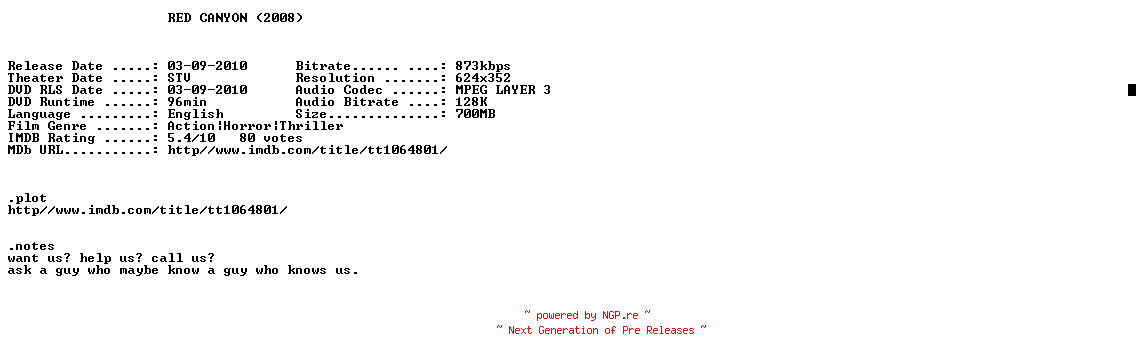 NFO for the release Red.Canyon.2008.BDRip.XviD-BRiGHT by BRiGHT