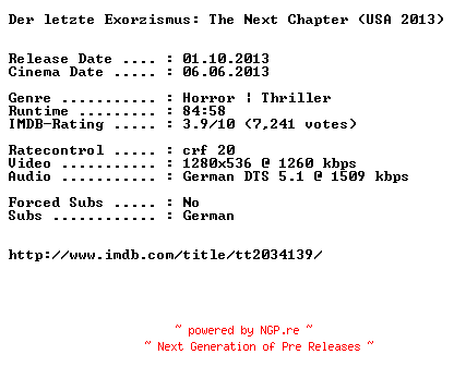 NFO for the release Der.letzte.Exorzismus.The.Next.Chapter.German.720p.BluRay.x264-EXQUiSiTE by EXQUiSiTE