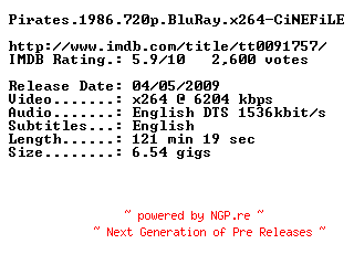 NFO for the release Pirates.1986.720p.BluRay.x264-CiNEFiLE by CiNEFiLE