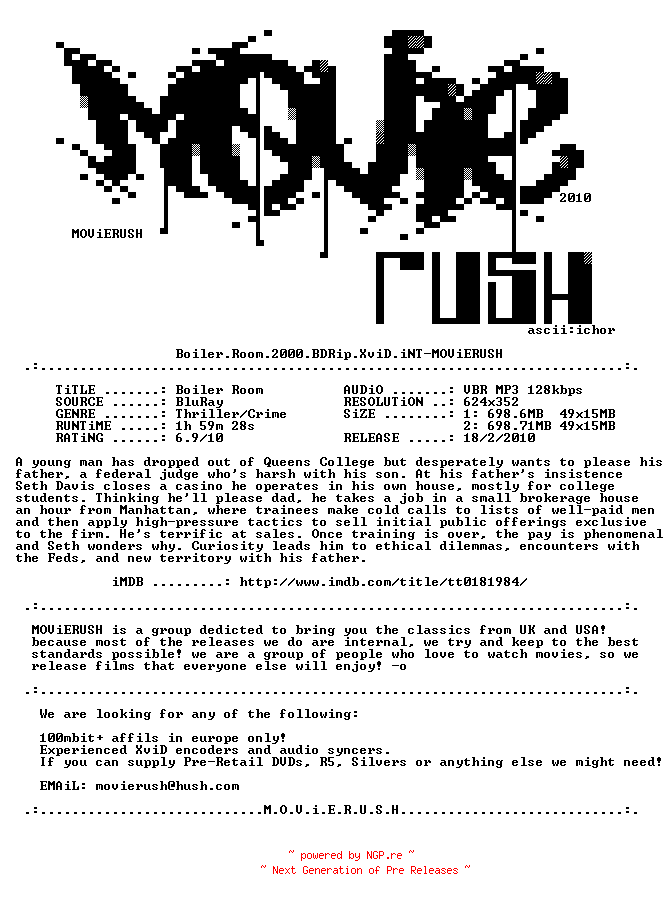 NFO for the release Boiler.Room.2000.BDRip.XviD.iNT-MOViERUSH by MOViERUSH