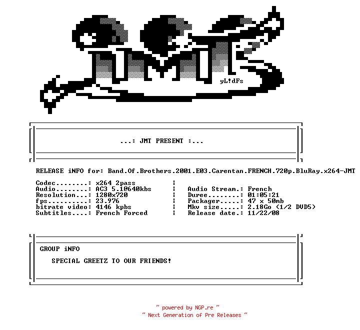 NFO for the release Band.Of.Brothers.2001.E03.Carentan.FRENCH.720p.BluRay.x264-JMT by JMT