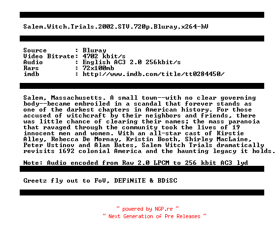 NFO for the release Salem.Witch.Trials.2002.STV.720p.Bluray.x264-hV by hV