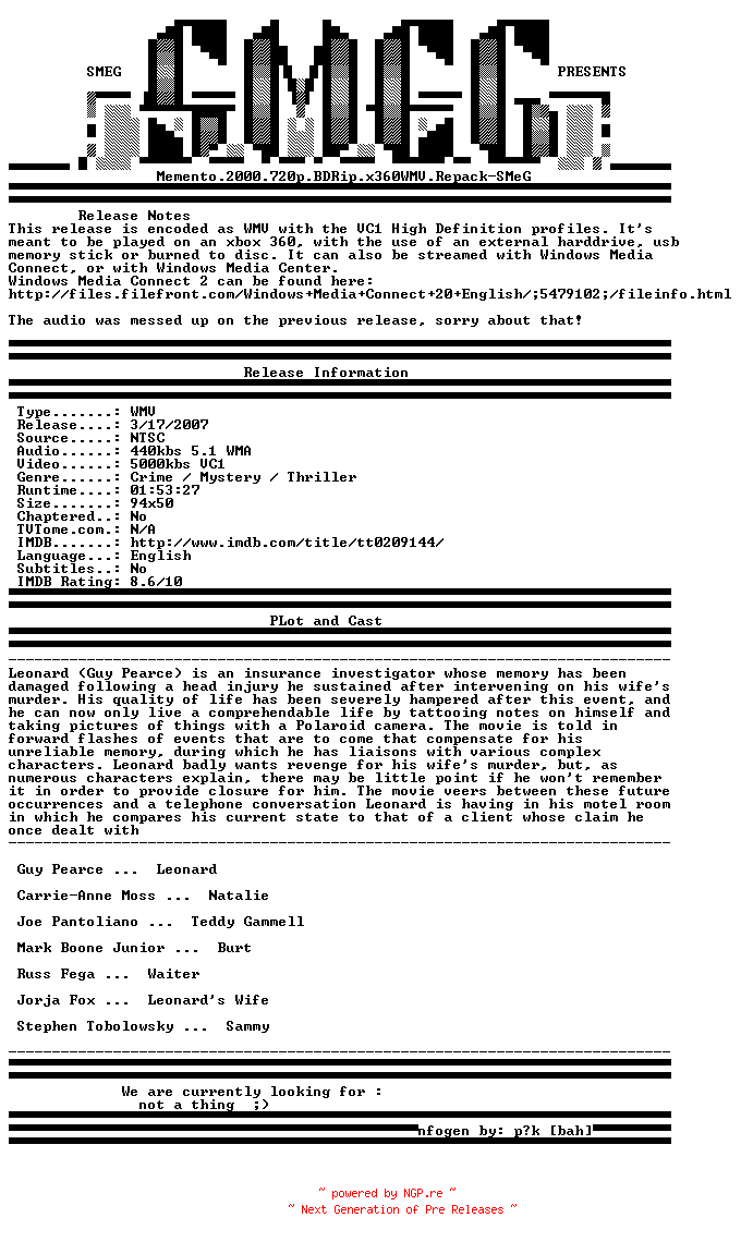 NFO for the release Memento.2000.720p.BDRip.x360WMV.Repack-SMeG by SMeG