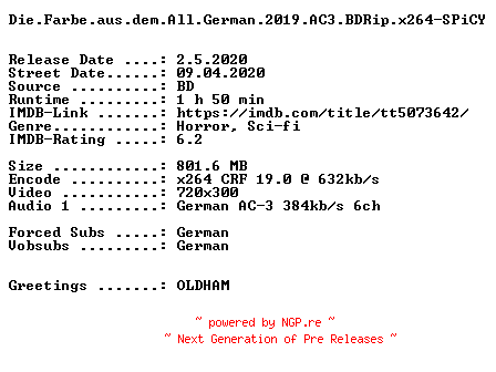 NFO for the release Die.Farbe.aus.dem.All.German.2019.AC3.BDRip.x264-SPiCY by SPiCY