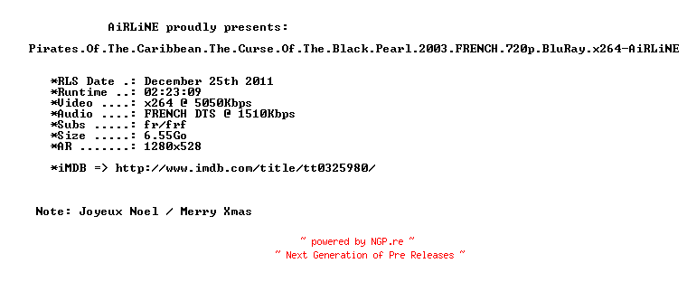 NFO for the release Pirates.Of.The.Caribbean.The.Curse.Of.The.Black.Pearl.2003.FRENCH.720p.BluRay.x264-AiRLiNE by AiRLiNE