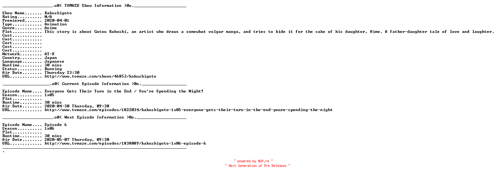 NFO for the release Kakushigoto.E05.WEB.x264-URANiME by URANiME