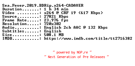 NFO for the release Sea.Fever.2019.BDRip.x264-CADAVER by CADAVER