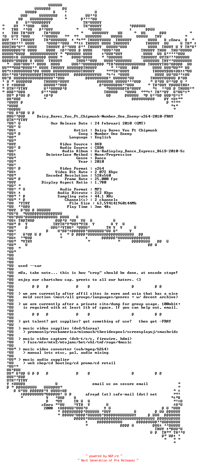 NFO for the release Daisy_Dares_You_Ft_Chipmunk-Number_One_Enemy-x264-2010-FRAY by FRAY