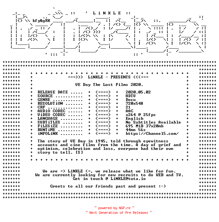 NFO for the release VE.Day.The.Lost.Films.2020.HDTV.x264-LiNKLE by LiNKLE