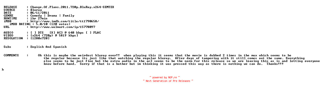 NFO for the release Change.Of.Plans.2011.READ.NFO.720p.BluRay.x264-SEMTEX by SEMTEX
