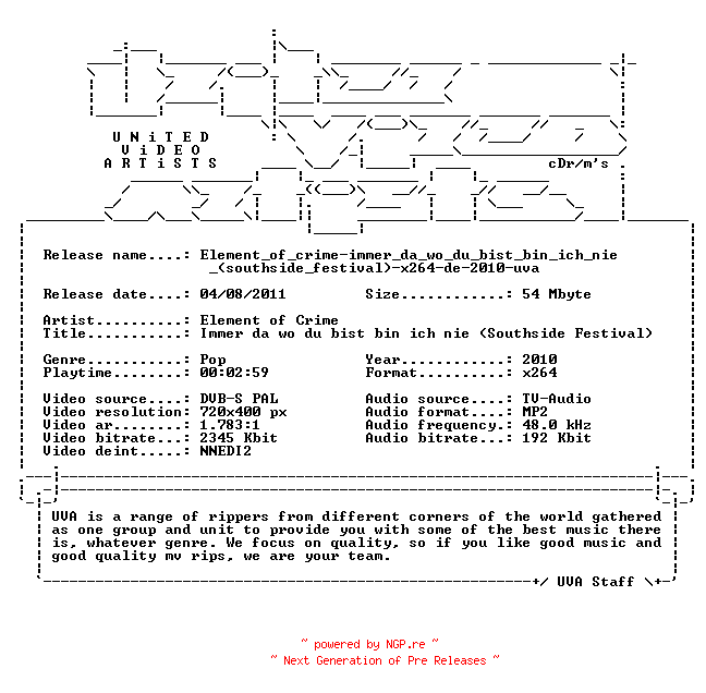 NFO for the release Element_of_crime-immer_da_wo_du_bist_bin_ich_nie_(southside_festival)-x264-de-2010-uva by uva
