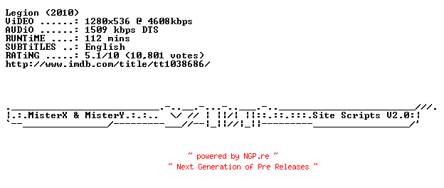 NFO for the release Legion.2010.720p.BluRay.x264-METiS by METiS