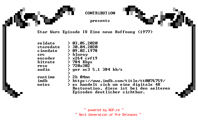 NFO for the release Star.Wars.Episode.IV.Eine.neue.Hoffnung.1977.Remastered.German.BDRip.x264-CONTRiBUTiON by CONTRiBUTiON