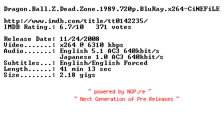 NFO for the release Dragon.Ball.Z.Dead.Zone.1989.720p.BluRay.x264-CiNEFiLE by CiNEFiLE