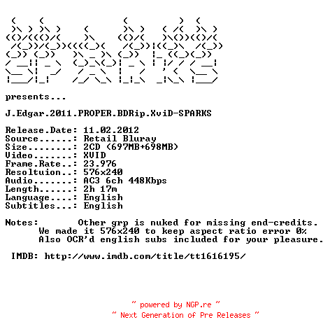 NFO for the release J.Edgar.2011.PROPER.BDRip.XviD-SPARKS by SPARKS