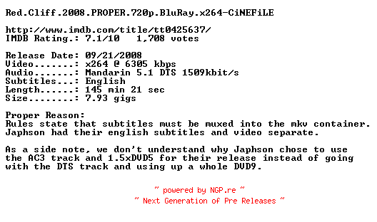 NFO for the release Red.Cliff.2008.PROPER.720p.BluRay.x264-CiNEFiLE by CiNEFiLE
